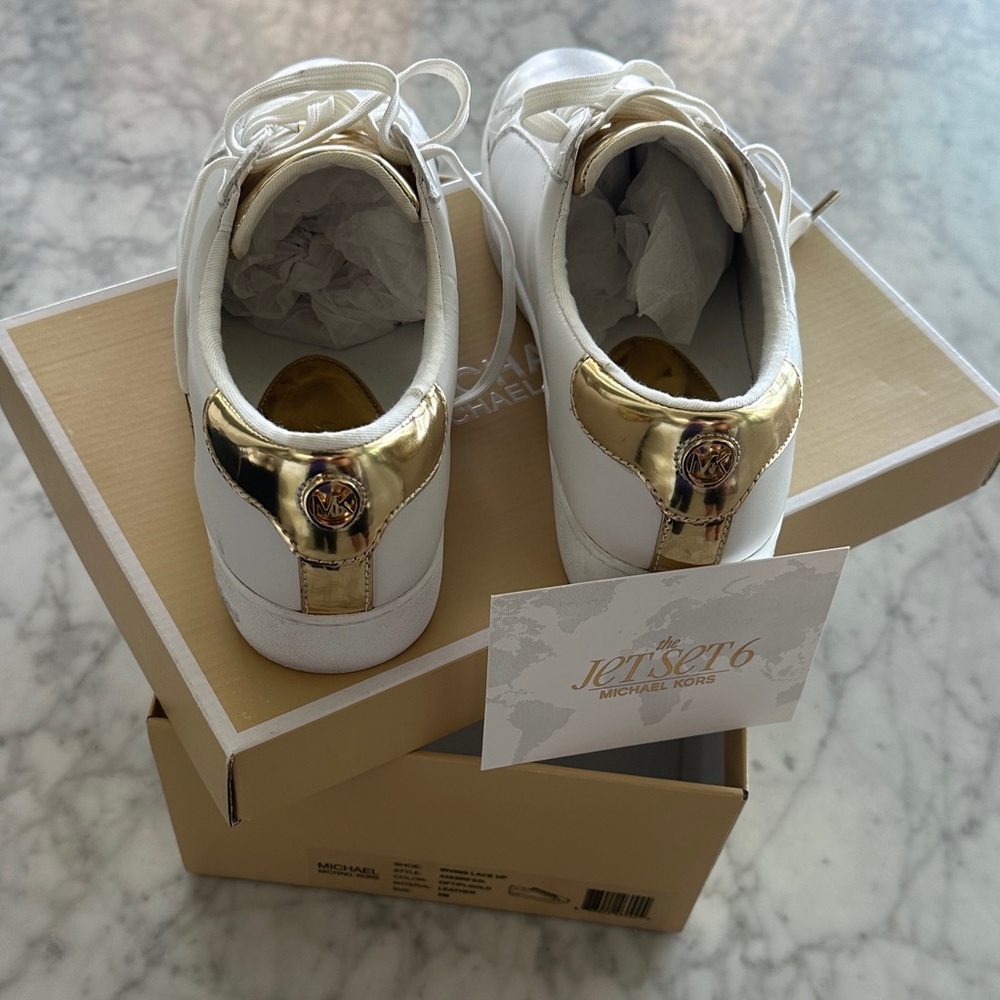 Michael Kors Women’s White and Gold Leather Sneakers